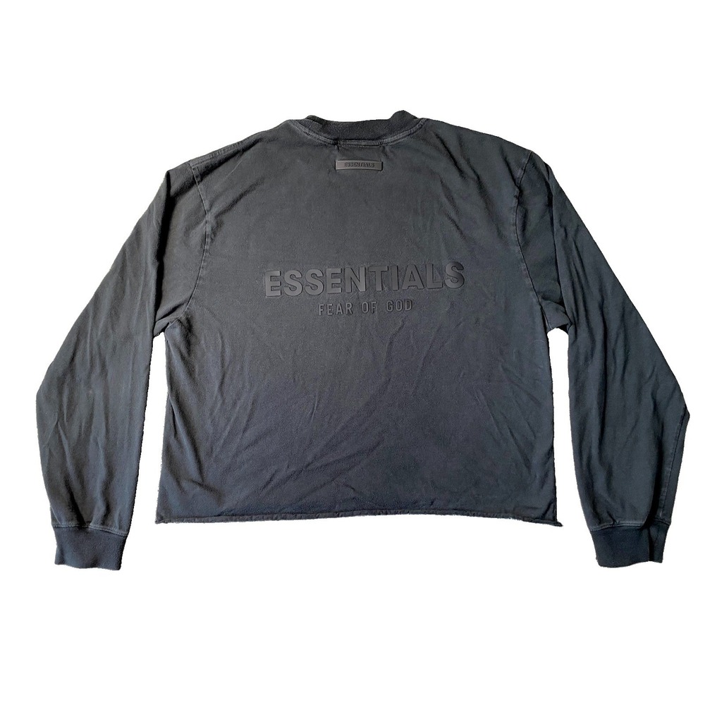 Fear of God Essentials Unisex Long Sleeve T-Shirt Black Tonal Logo Sz L Raw Hem